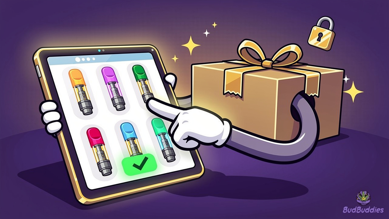 Cartoon character buying THC vapes safely online in UK