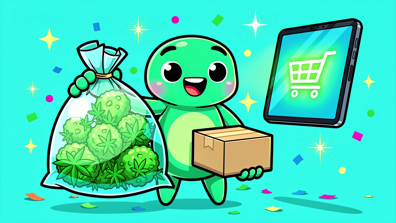 Cartoon of buying a zip of cannabis online with delivery