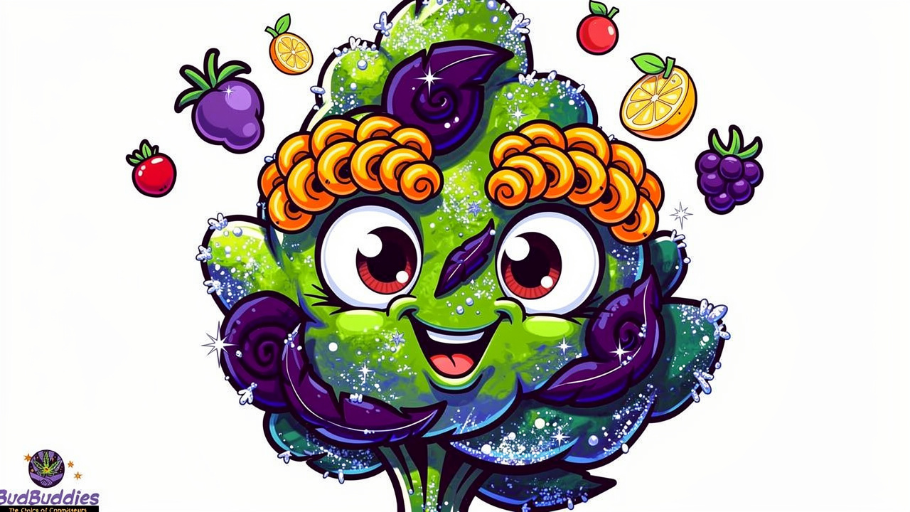 Cartoon cannabis bud showing colour and fruity aroma