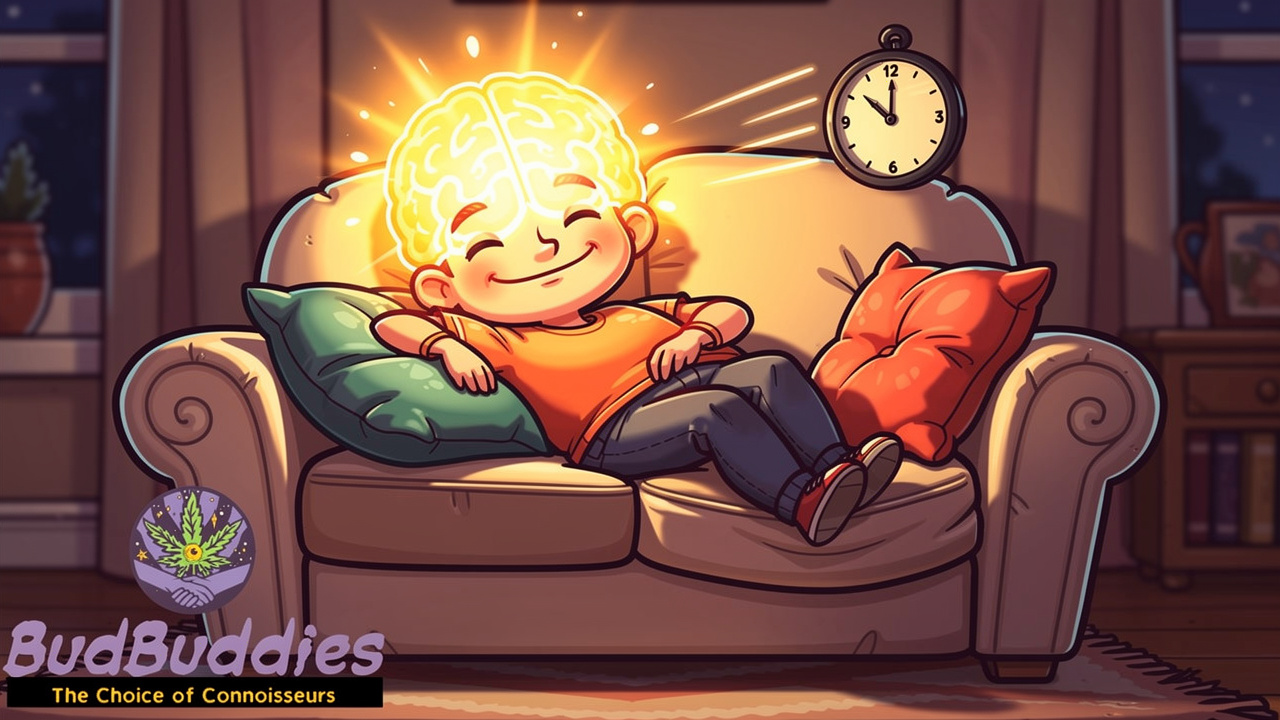 Cartoon character feeling relaxed hybrid cannabis effects