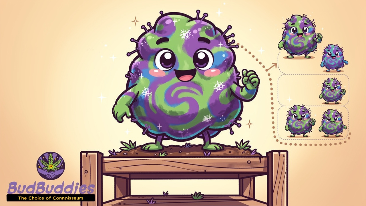 Cartoon bud character showing Cadillac Rainbows genetic lineage