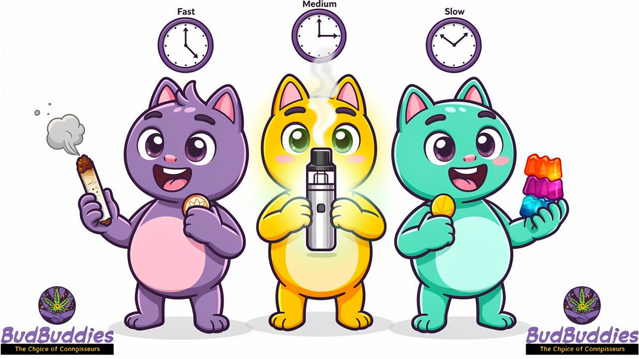 Cartoon comparison of smoking, vaping and edibles onset