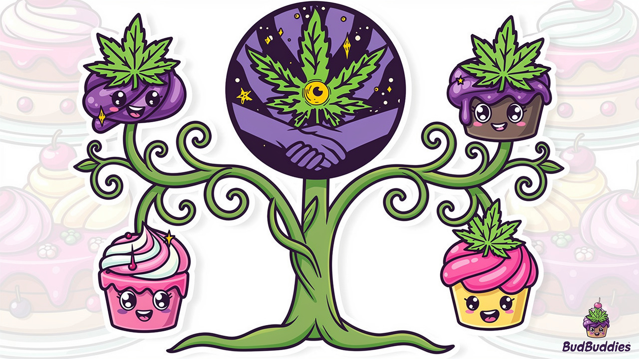 Cartoon genetic family tree of Cake strain cousins