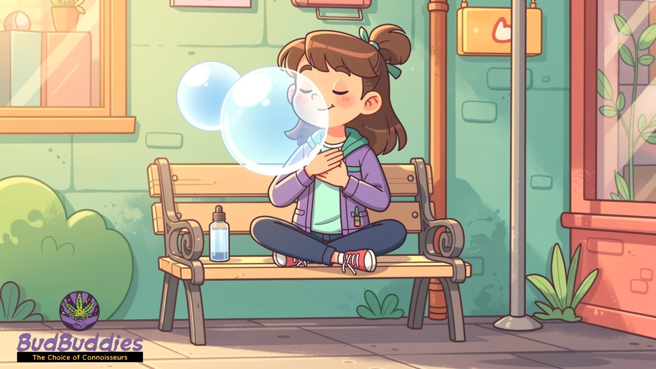 Cartoon character practising calm breathing outdoors on bench