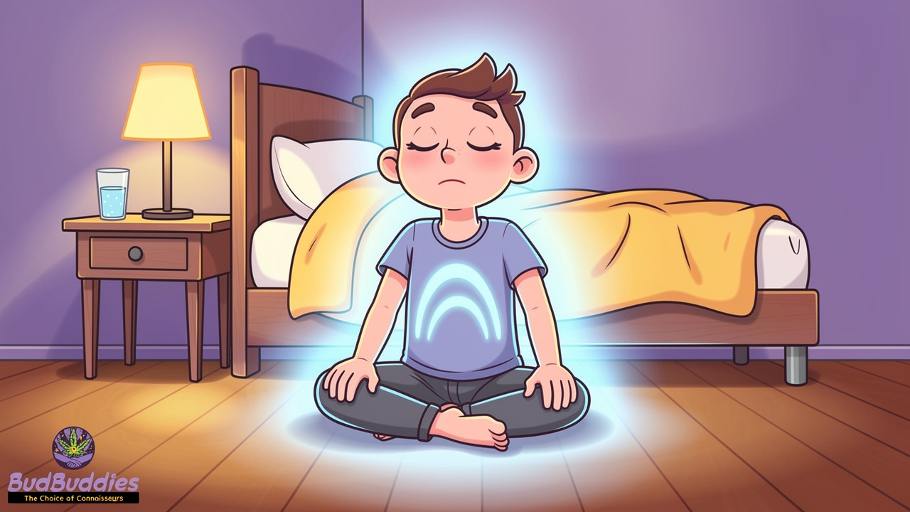 Cartoon character doing calm breathing exercises in bedroom