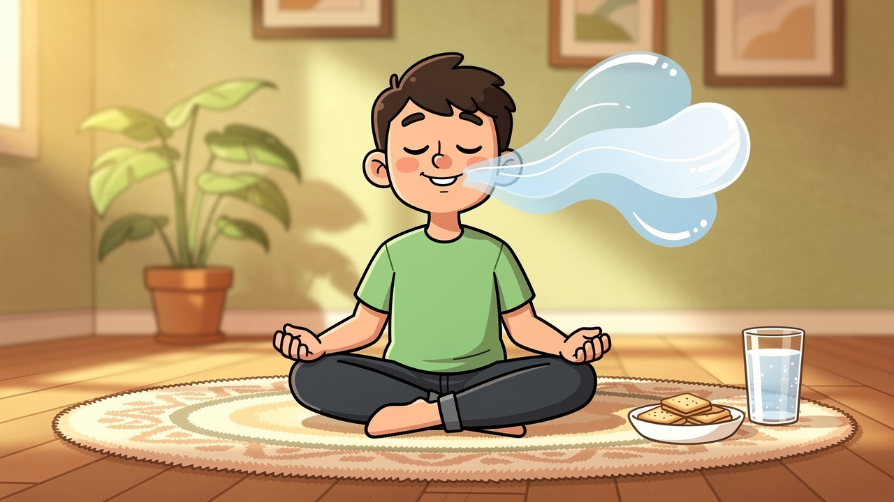 Cartoon character practising calm breathing to recover