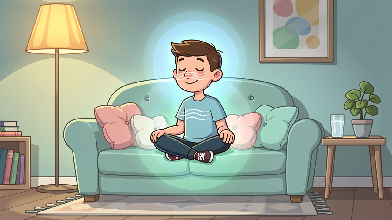 Cartoon character using breathing to calm edible paranoia