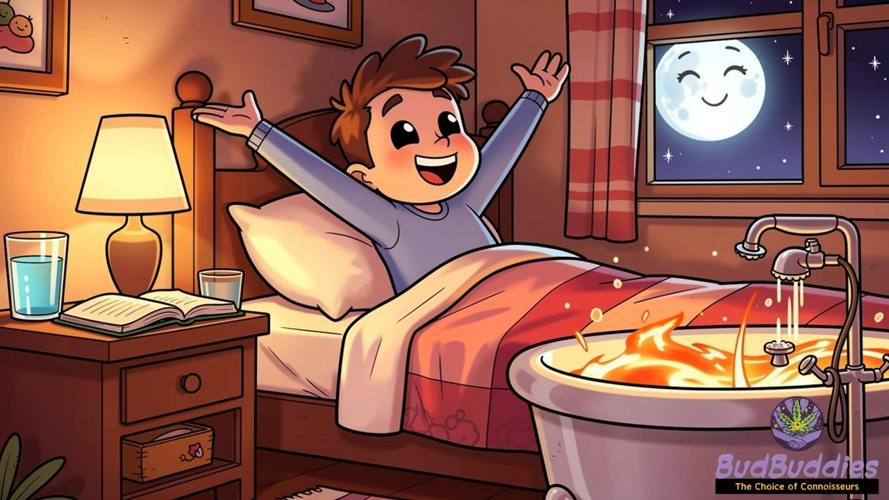 Cartoon character enjoying calming bedtime wind-down routine
