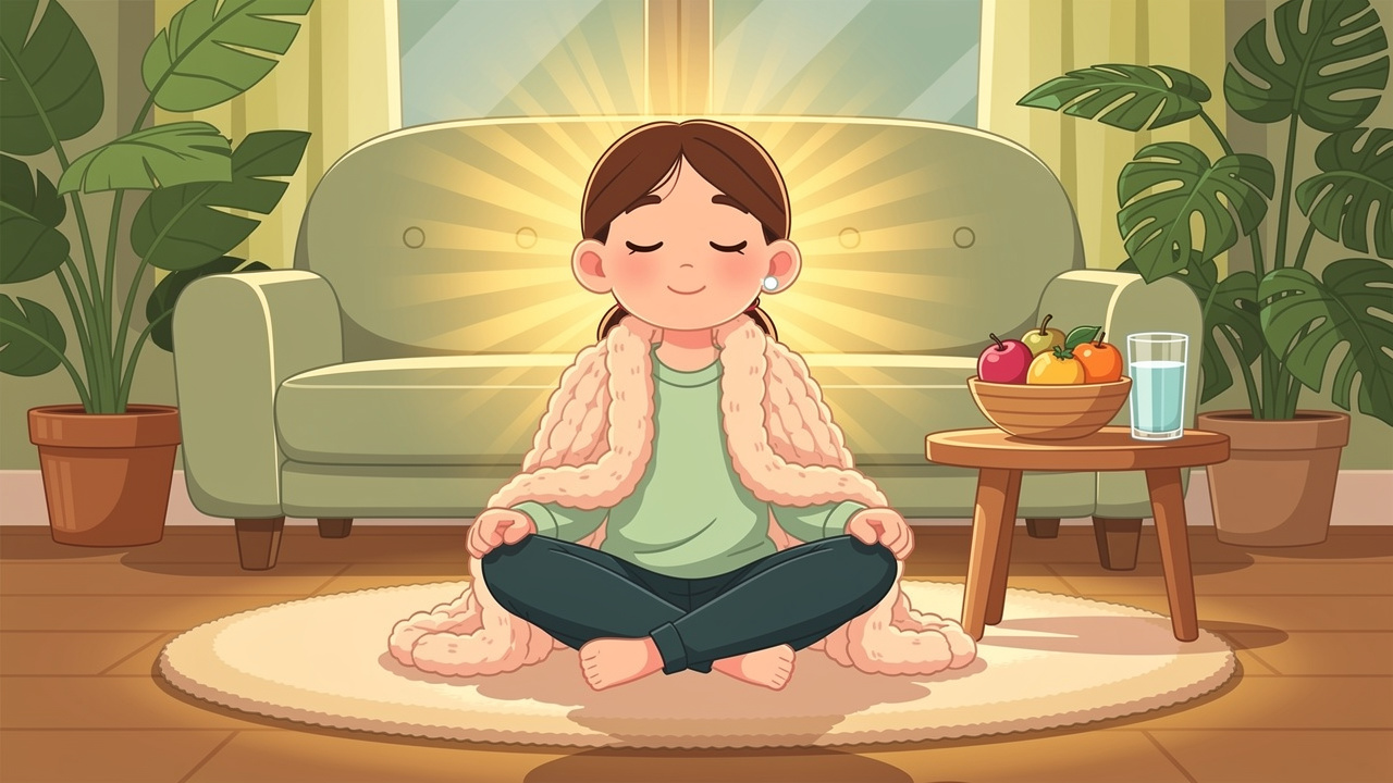 Friendly cartoon character calming down with deep breathing