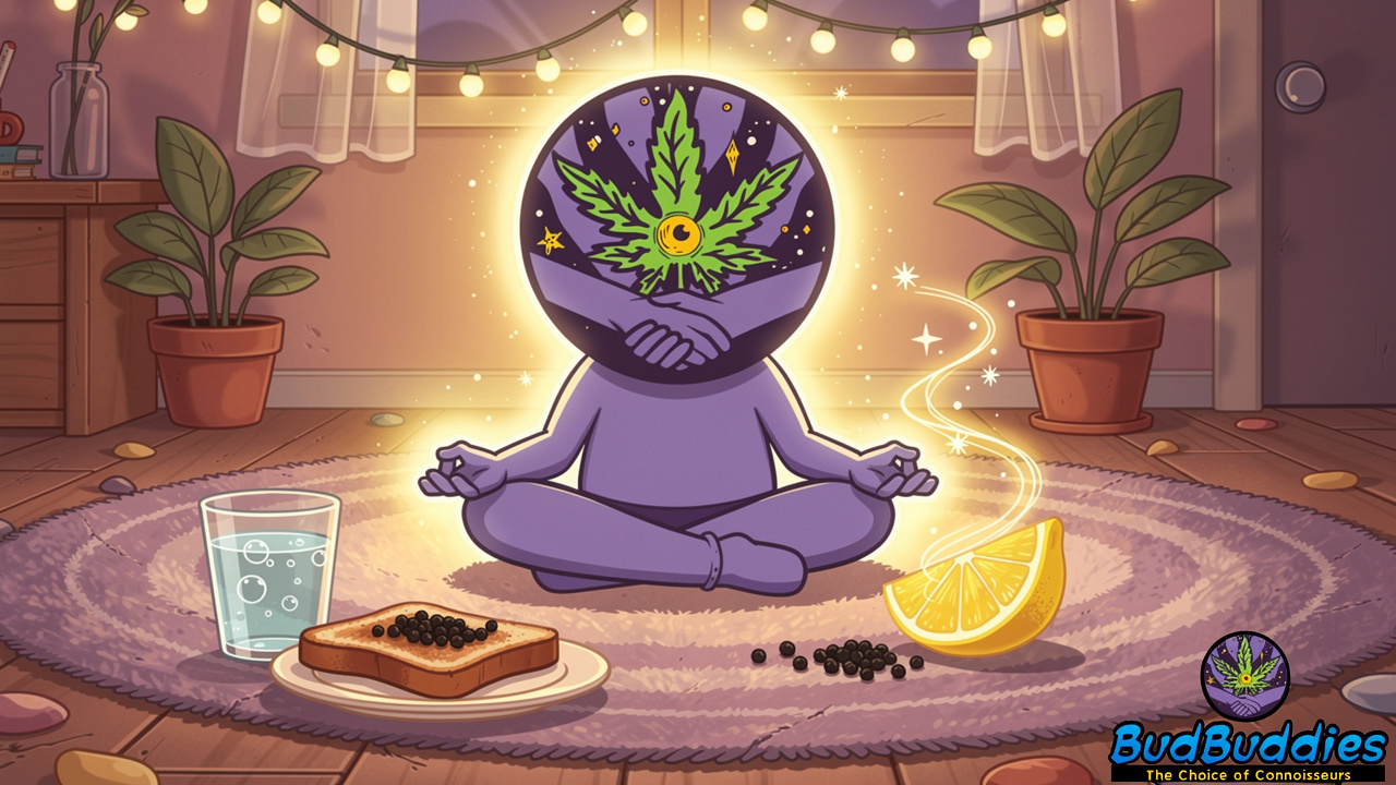 Cartoon character using breathing and terpenes to calm down