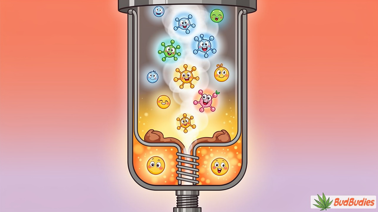 Cartoon diagram of cannabinoids and terpenes at different heating temperatures