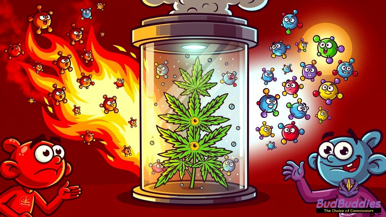 Cartoon showing cannabinoid loss during smoking versus preservation when vaping