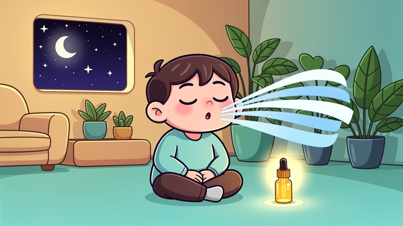 Cartoon character using breathing techniques to calm cannabis anxiety