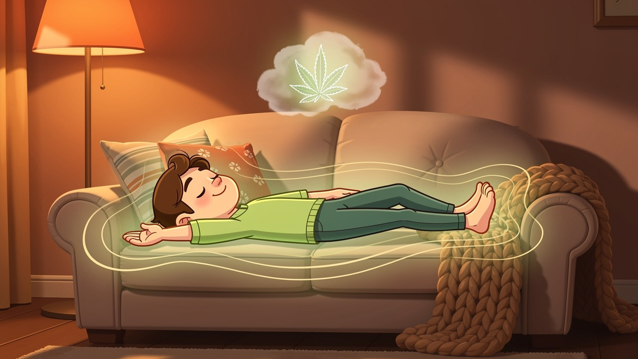 Cartoon character experiencing full body relaxation from cannabis