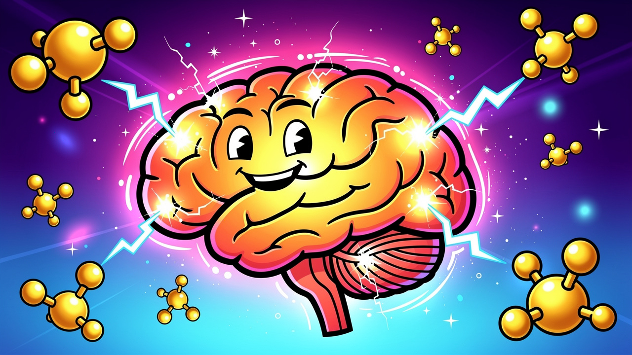 Cartoon brain lighting up with dopamine and cannabis effects