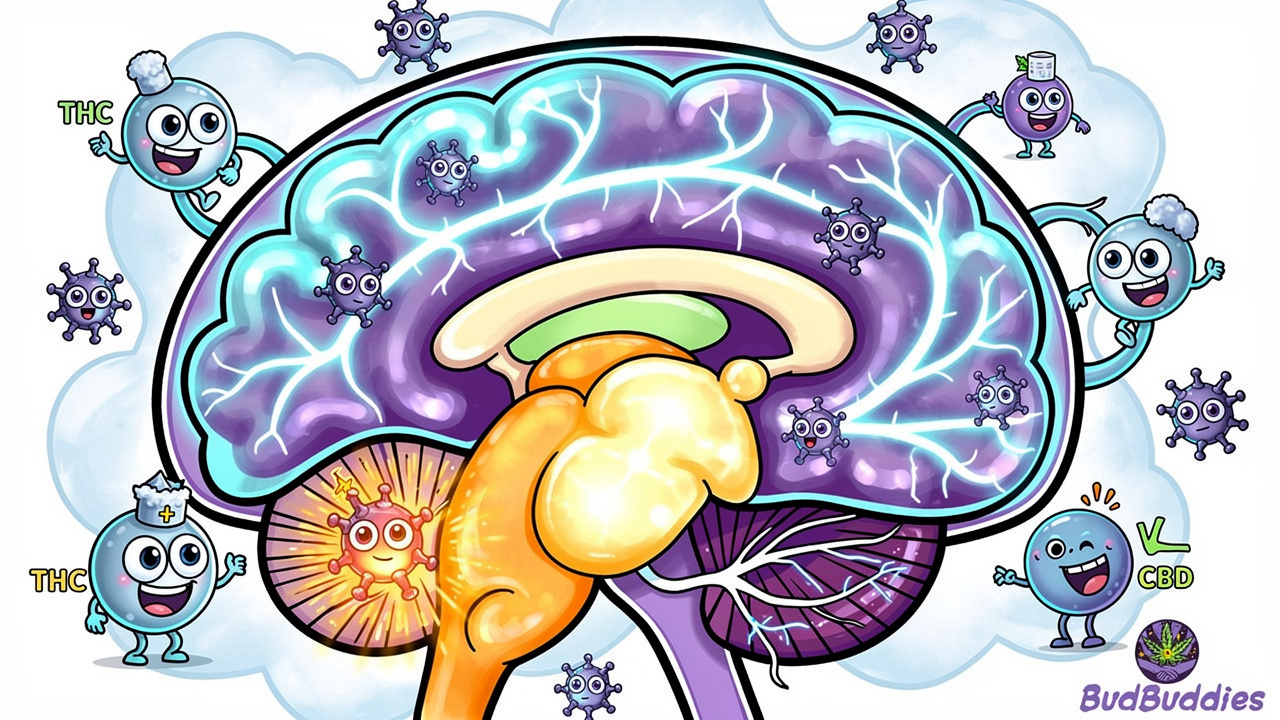 Cartoon brain showing THC and CBD effects on memory