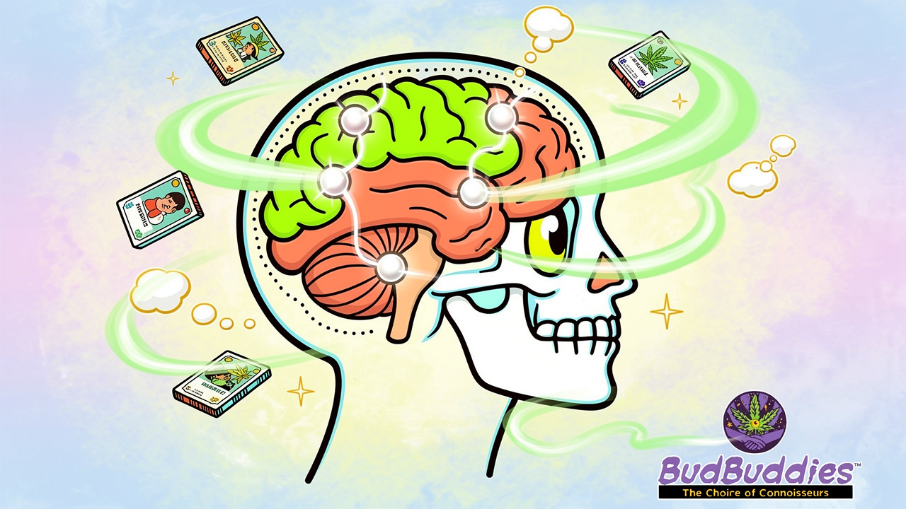 Cartoon brain showing THC effects on memory during revision