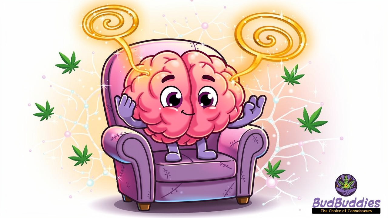 Cartoon brain with glowing neurons and cannabis leaf effects