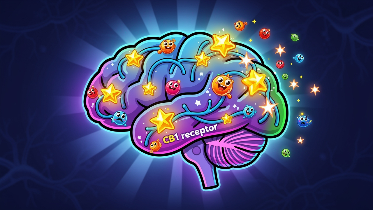 Cartoon glowing brain with cannabis receptor nodes lighting up