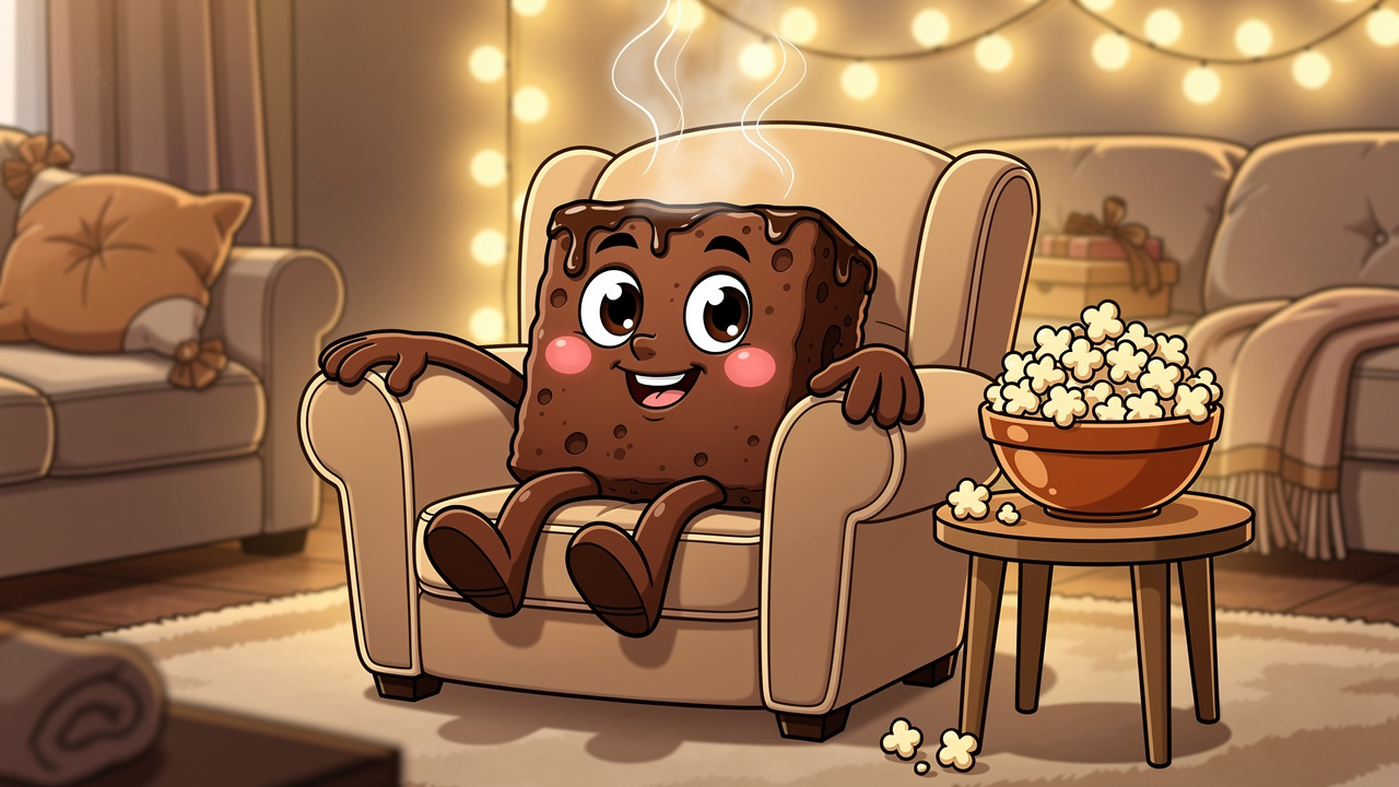 Cartoon brownie character in a cosy evening setting at home