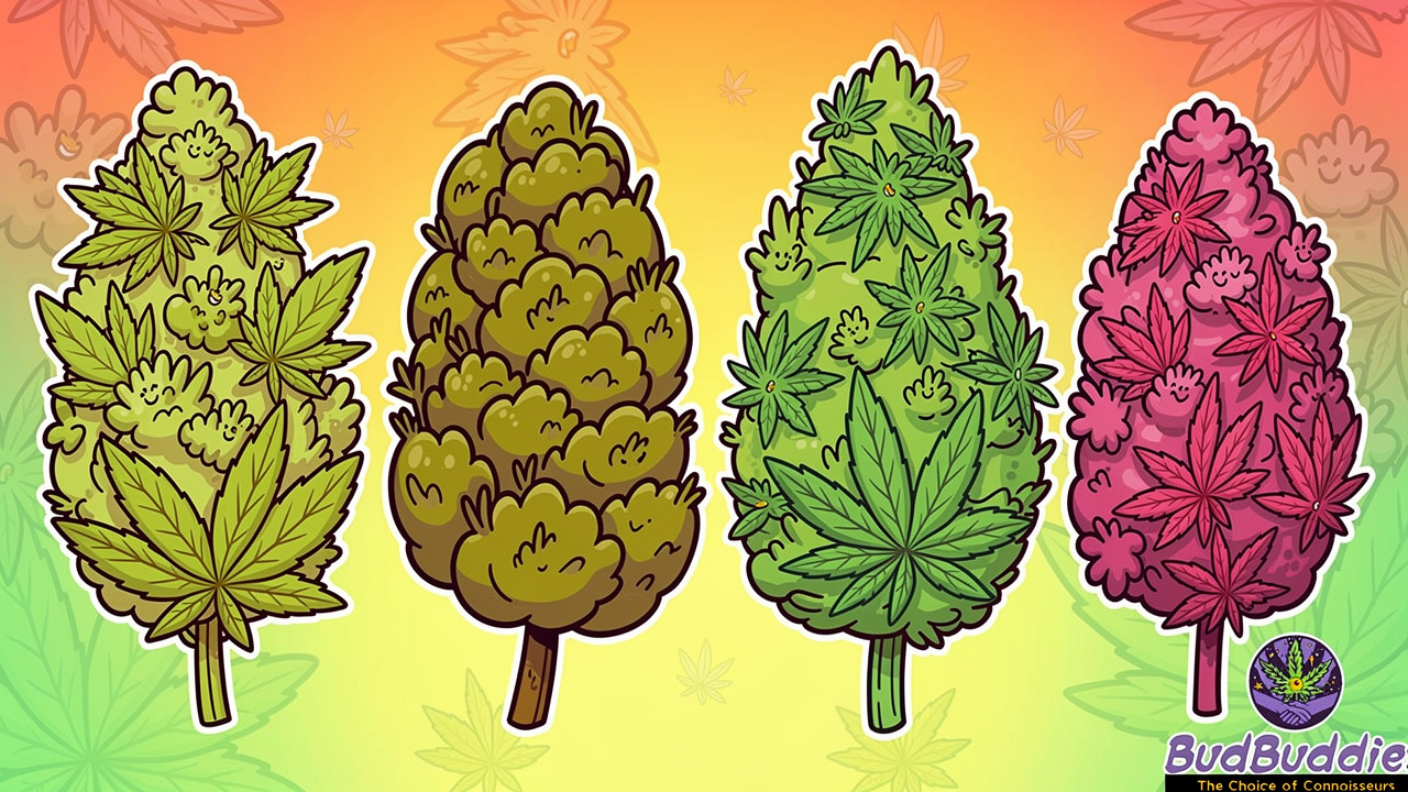 Four cartoon cannabis buds showing different quality grades
