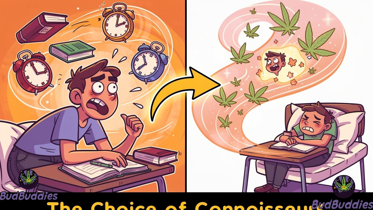 Cartoon diagram showing burnout and cannabis relief cycle