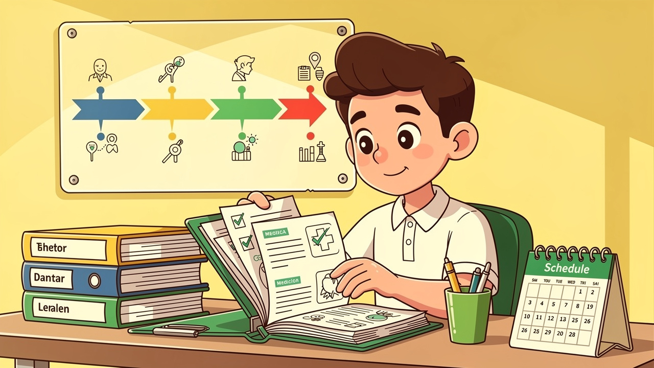 Cartoon character organising medical records for a clinic appointment