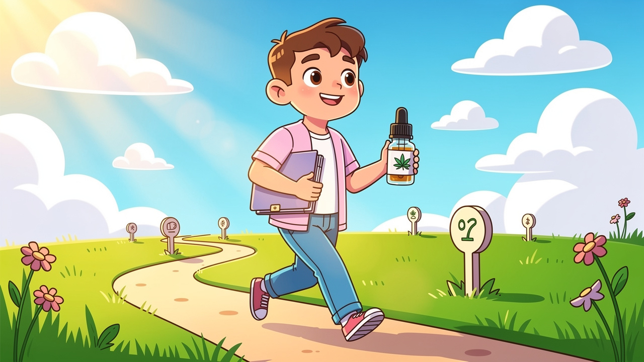 Cartoon character taking confident steps towards cannabis clinic treatment