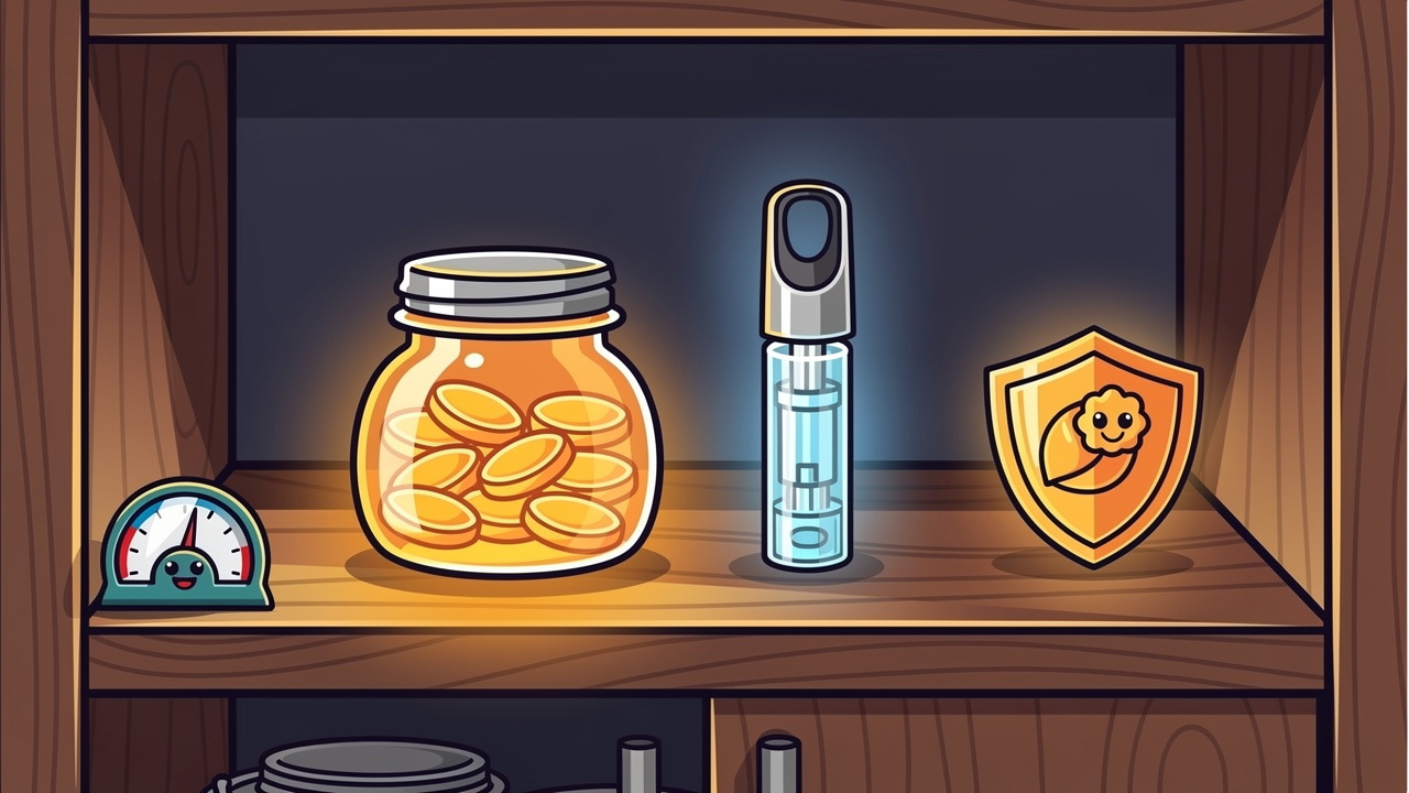 Cartoon illustration of proper cannabis concentrate storage at home