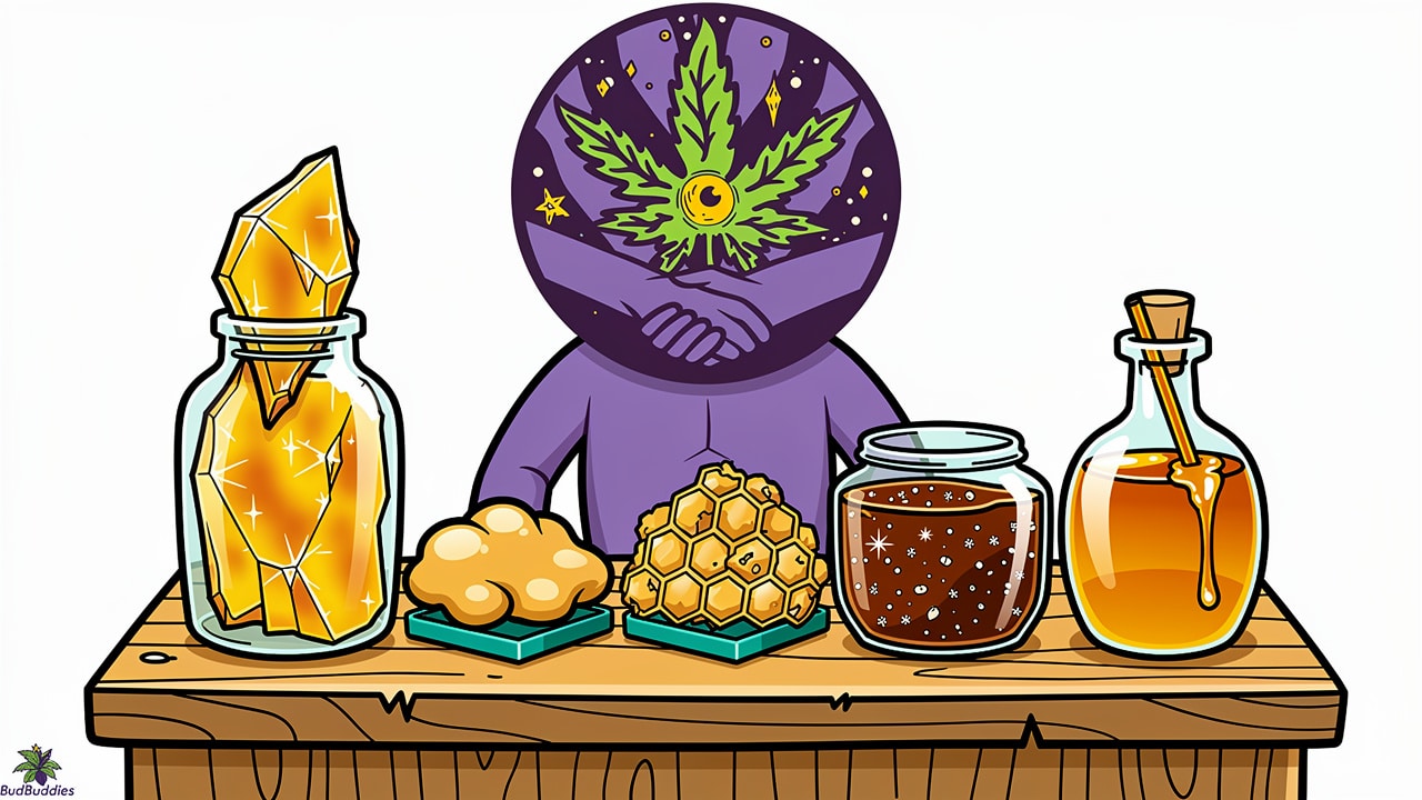 Cartoon display of different cannabis concentrate textures