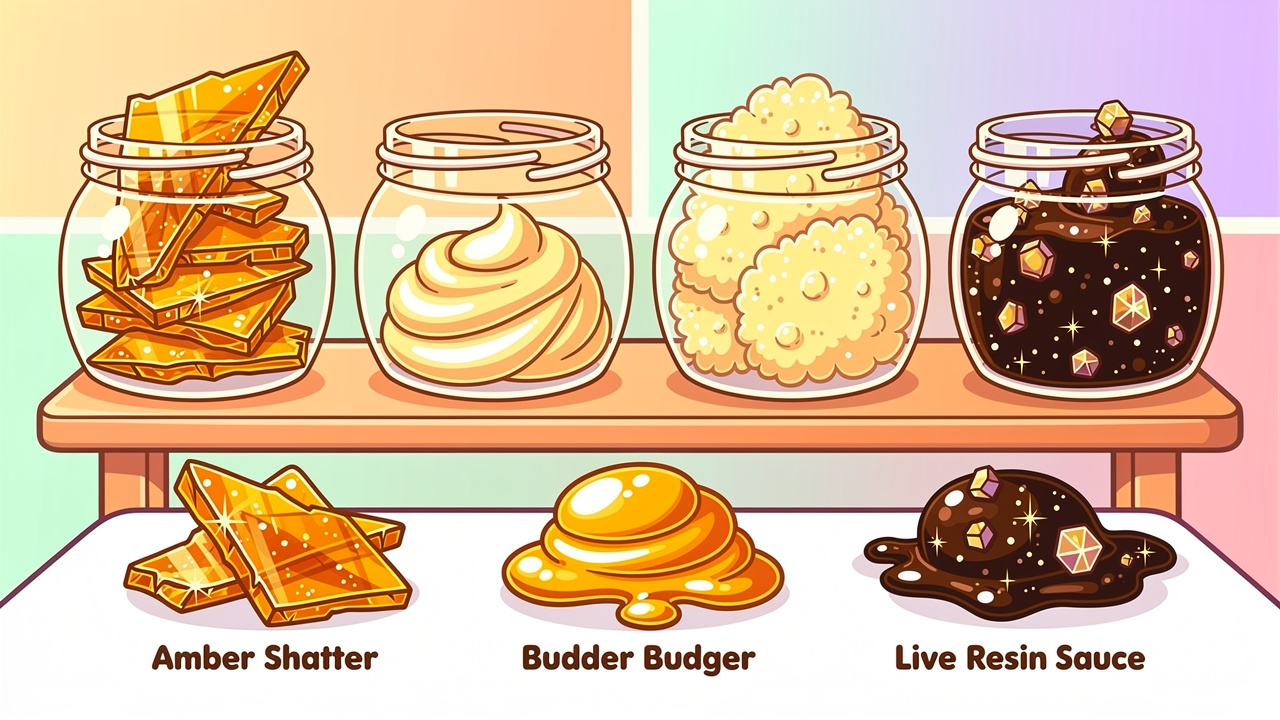 Cartoon illustration of various cannabis concentrate types