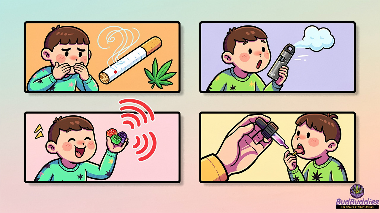 Cartoon comparison of smoking, vaping, edibles and tinctures