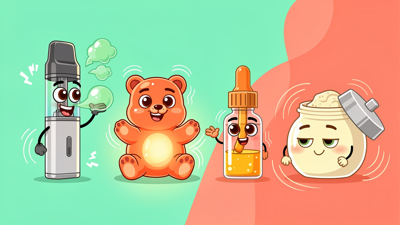 Cartoon cannabis products showing different consumption methods