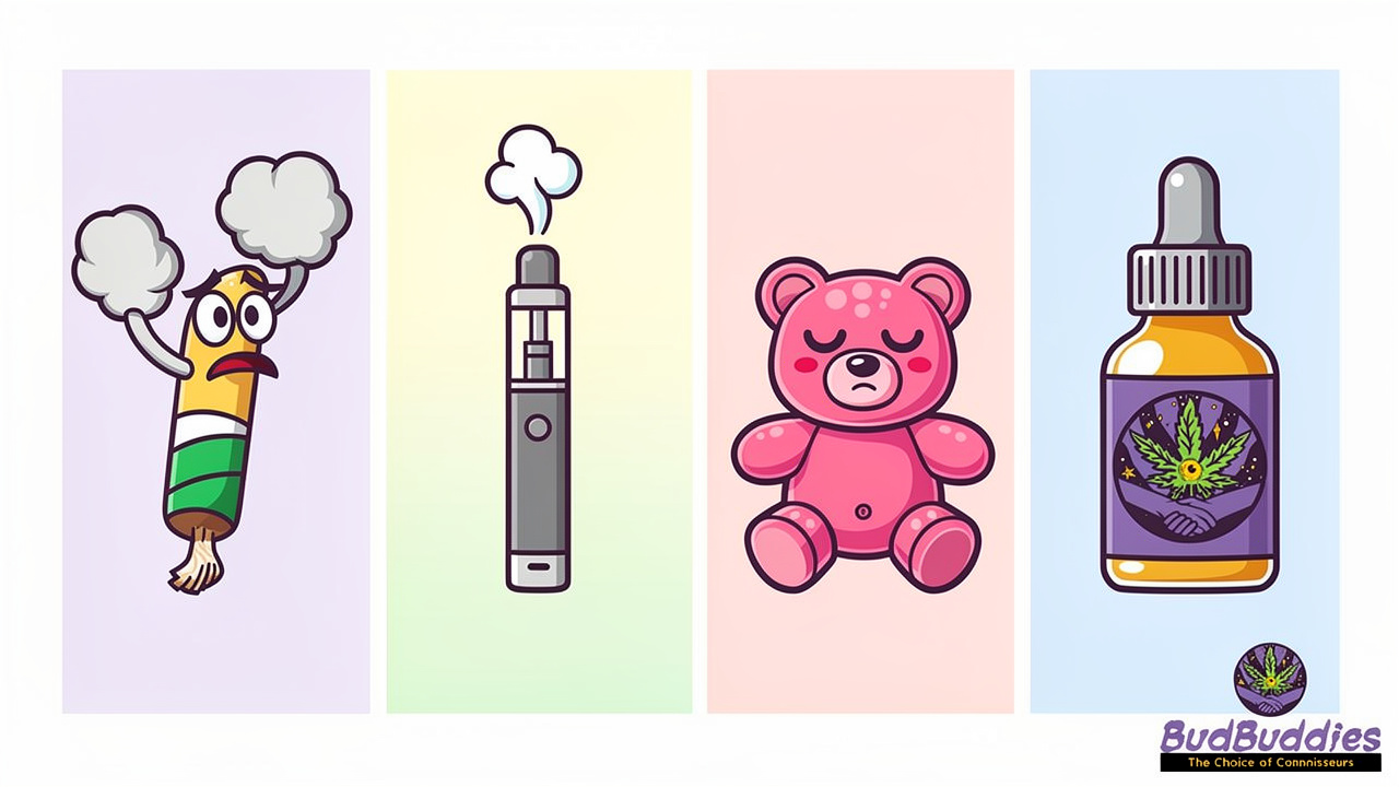 Cartoon comparison of cannabis consumption methods and reflux risk