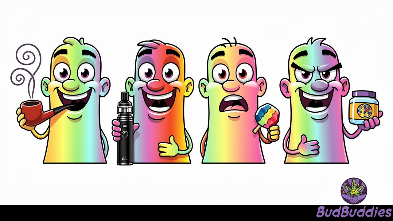 Cartoon characters representing different cannabis consumption methods