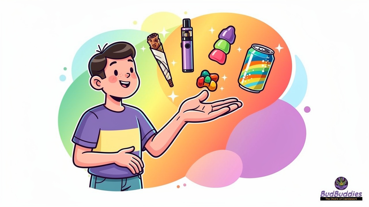 Cartoon character comparing different cannabis consumption methods