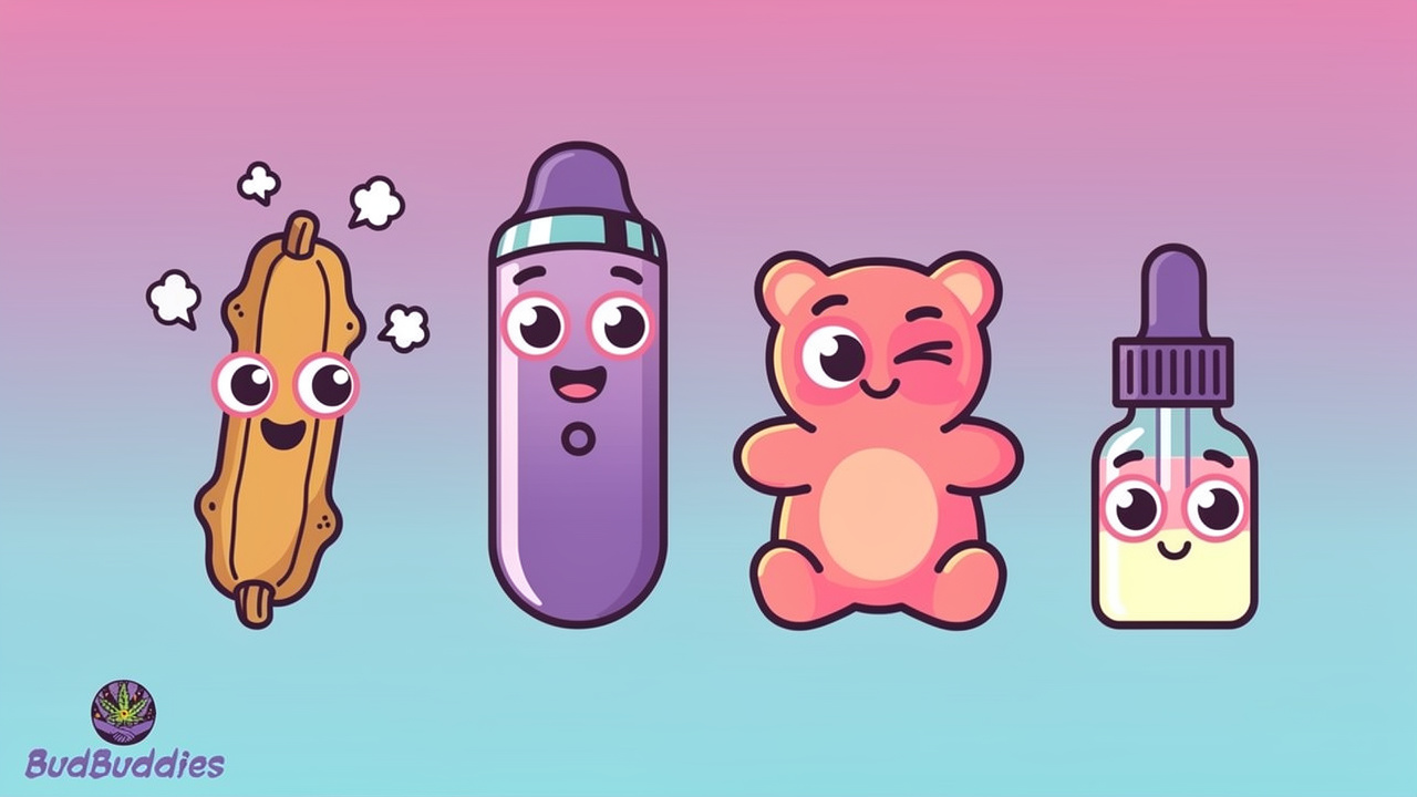 Cartoon characters representing different cannabis consumption methods