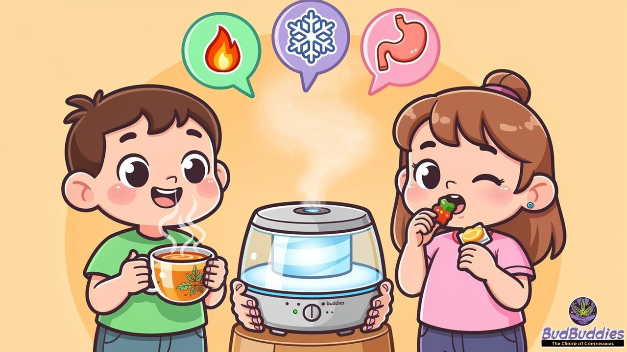 Cartoon comparison of smoking, vaping and edibles methods