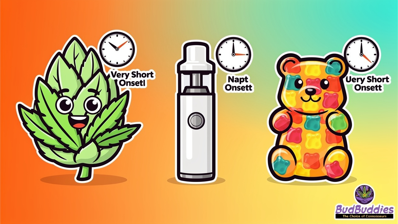 Cartoon showing different cannabis formats and memory impact duration