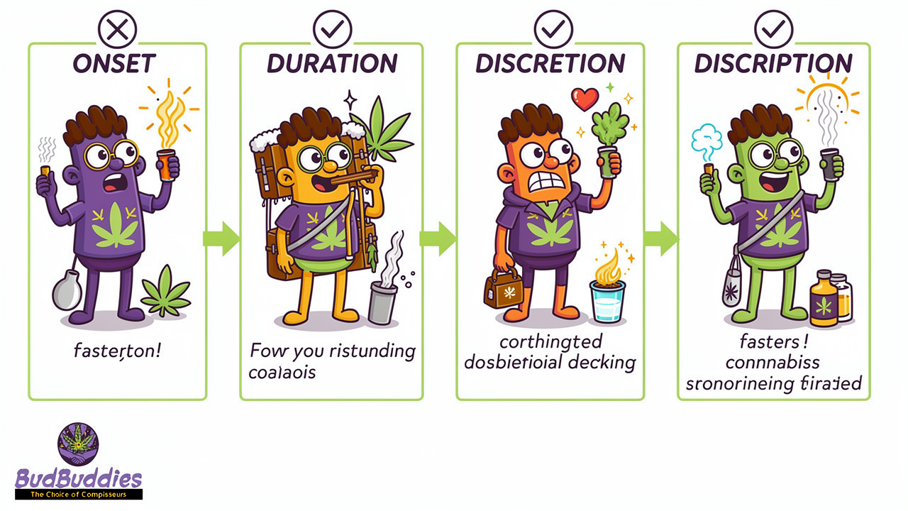 Cartoon guide comparing cannabis consumption methods and effects