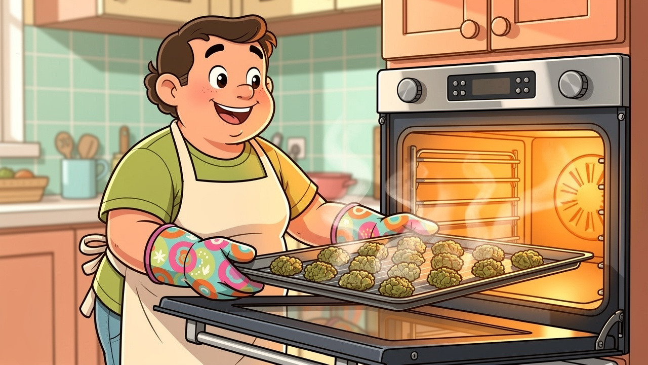 Cartoon character decarboxylating cannabis in oven