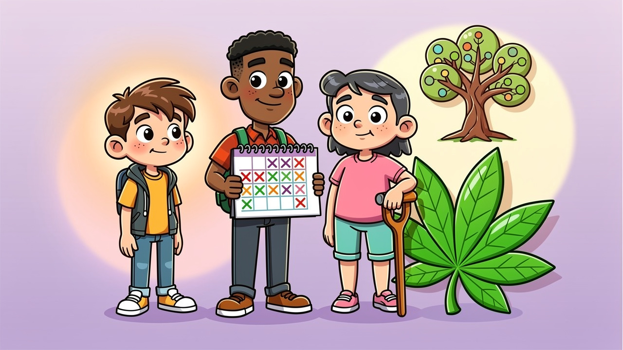 Cartoon characters representing groups at higher risk from cannabis use
