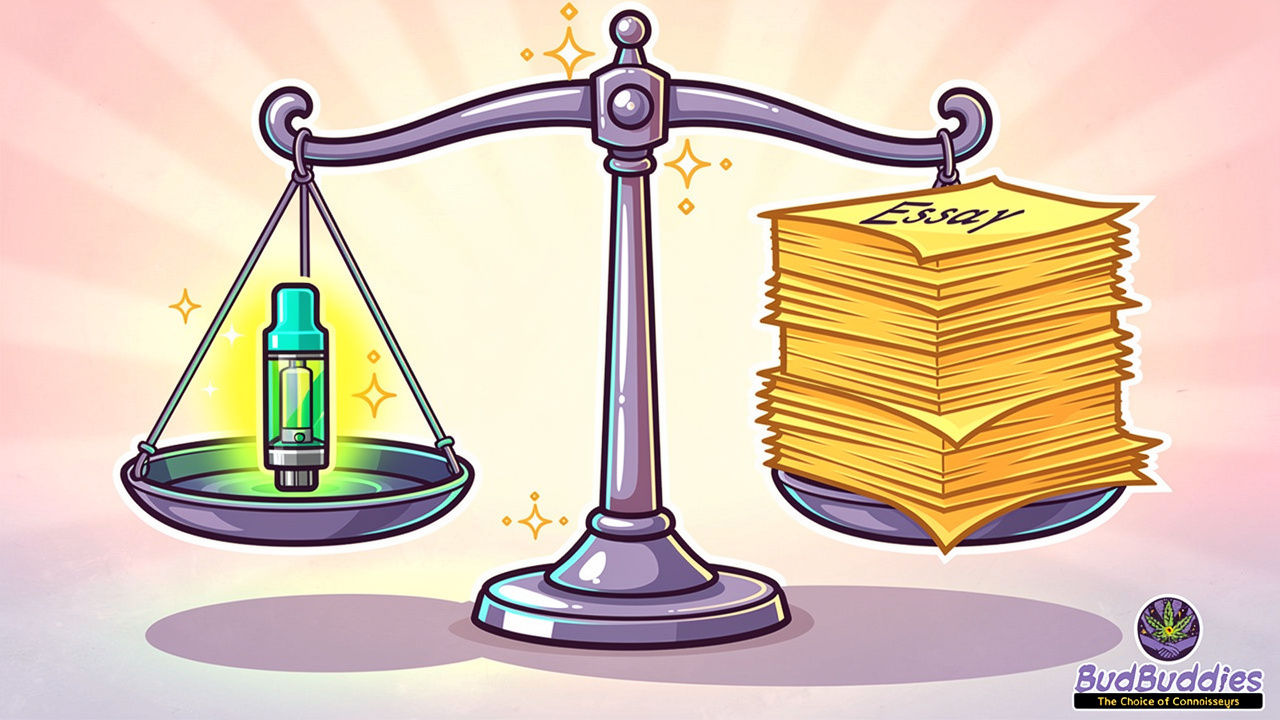 Cartoon balance scale with cannabis dose and essay papers