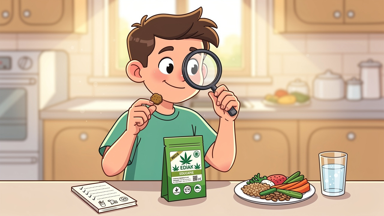 Cartoon character carefully planning cannabis edible dosage