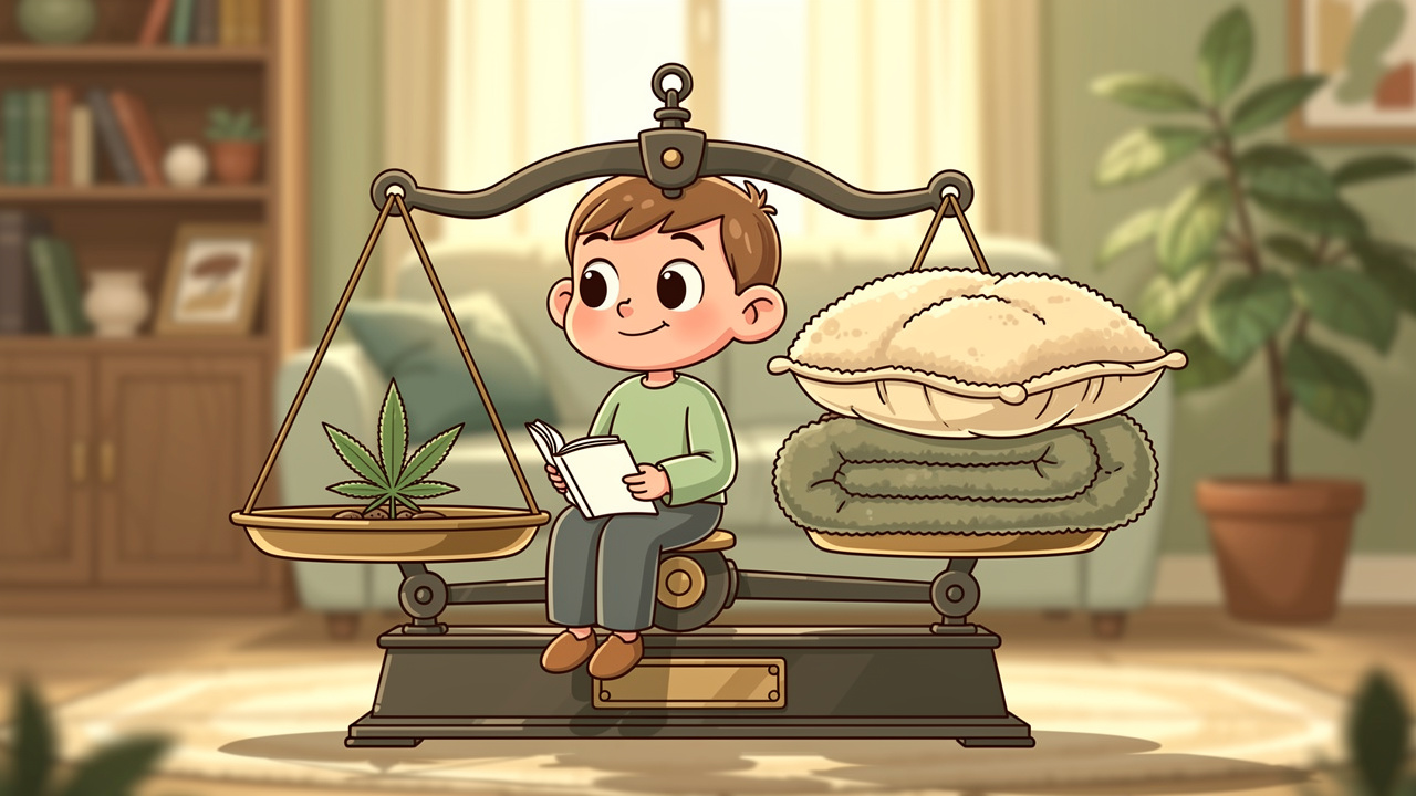 Cartoon character carefully balancing cannabis dosage at home