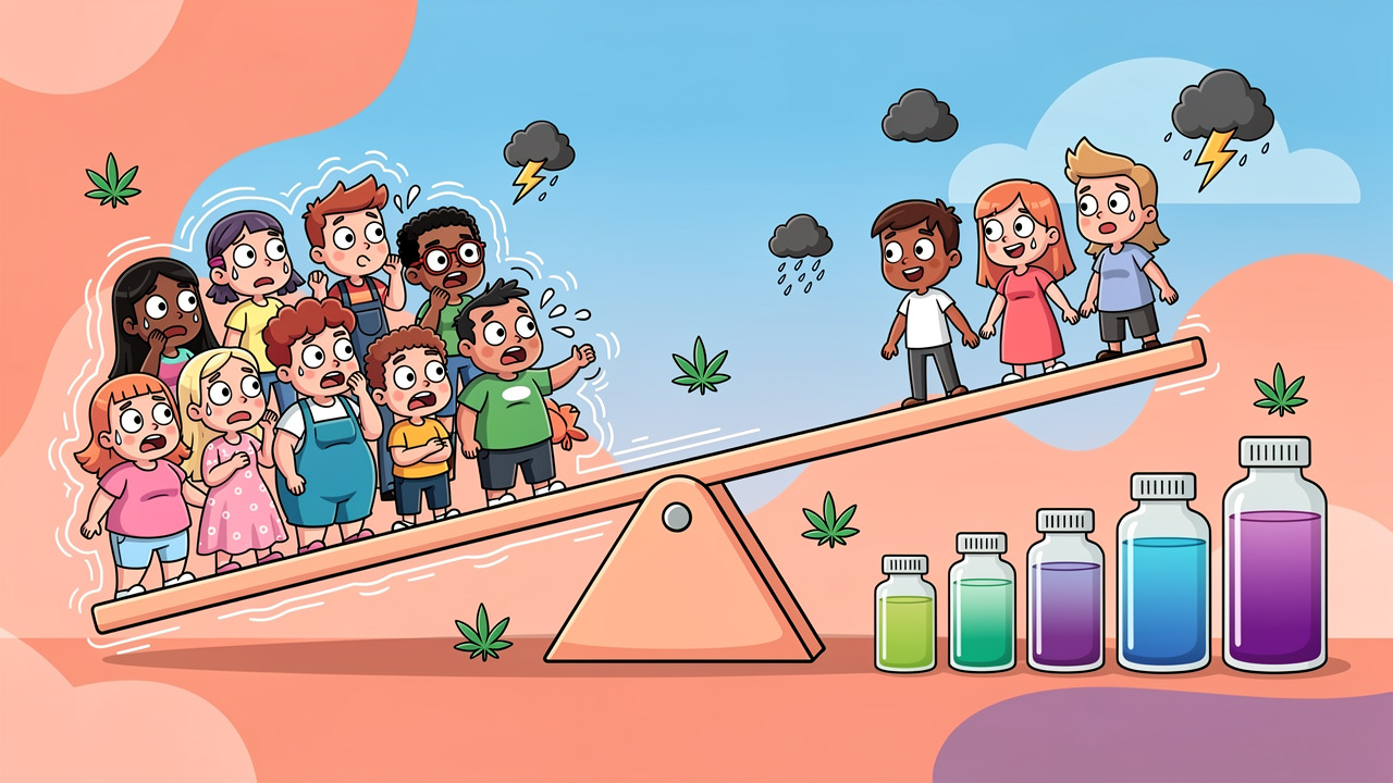 Cartoon characters showing varying risk levels for cannabis-induced depersonalisation
