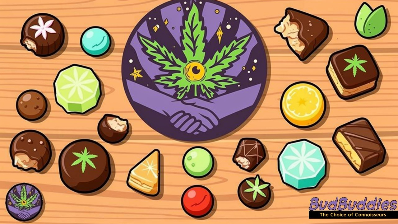 Cartoon selection of cannabis edibles for a night out