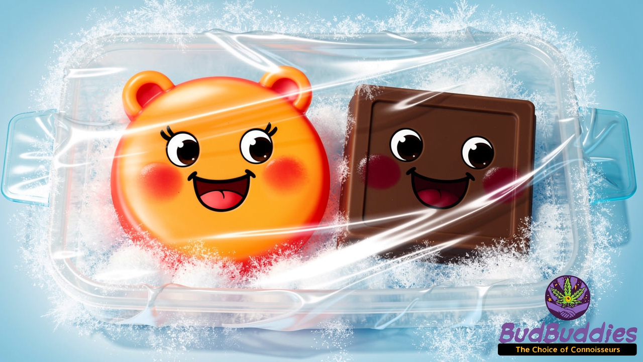 Cartoon gummy and chocolate wrapped safely for freezing