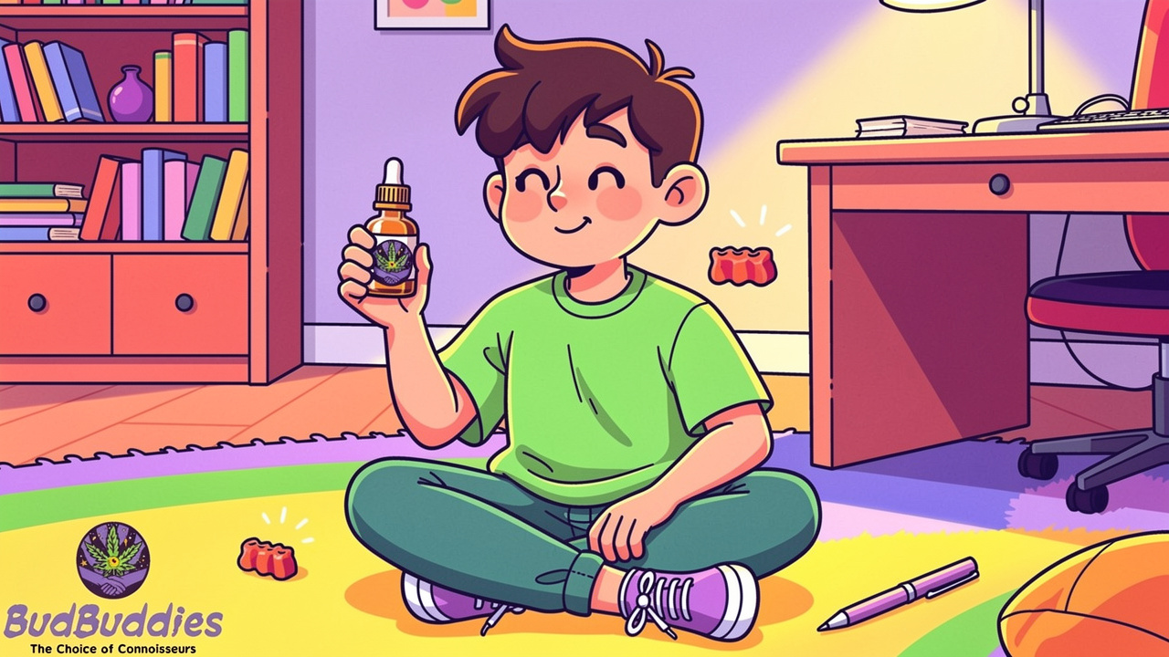Cartoon student enjoying edibles and vape in their room