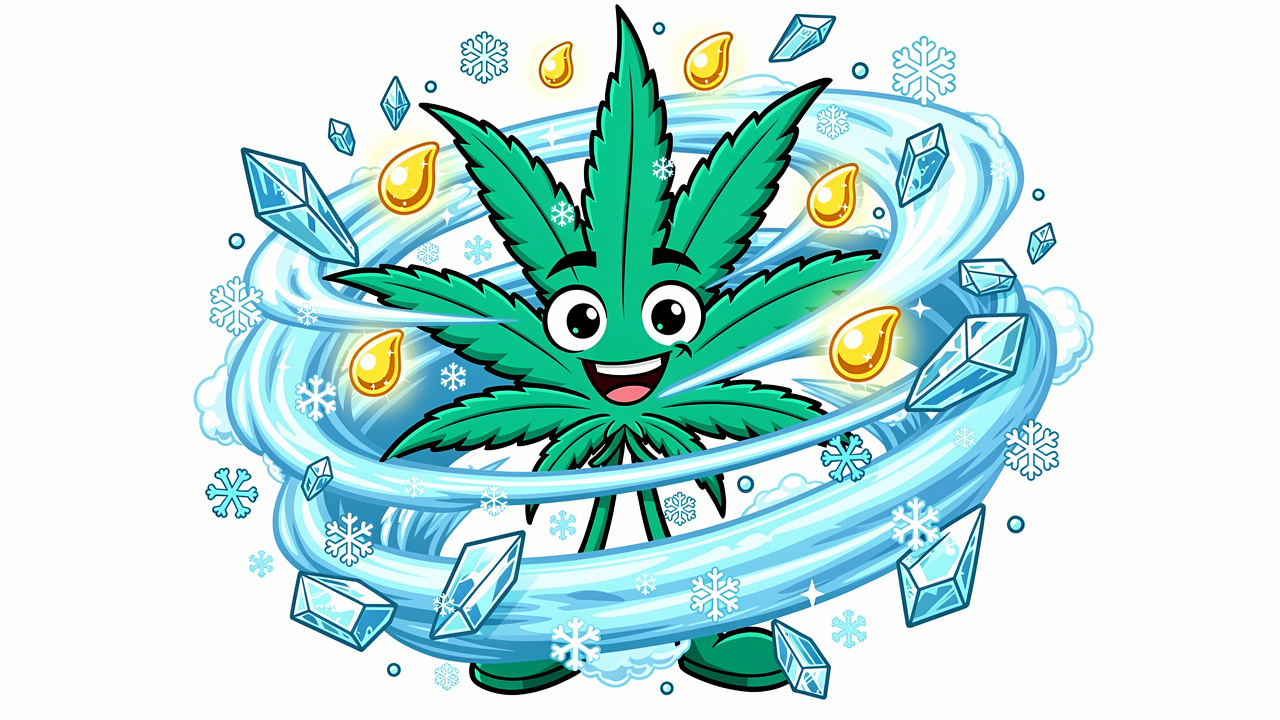 Cartoon of cannabis plant being flash-frozen for live resin extraction